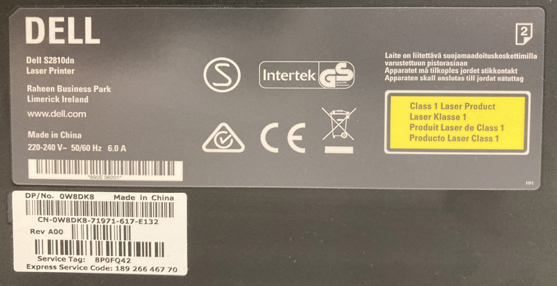 IMPRIMANTE LASER A 1 BAC DE MARQUE DELL MODELE S2810DN. AVEC CABLE D'ALIMENTATION, CABLE RESEAU ET CABLE USB. LOCALISATION -> AVE - 2 BOULEVARD DU GENERAL DE GAULLE - 92500 RUEIL MALMAISON