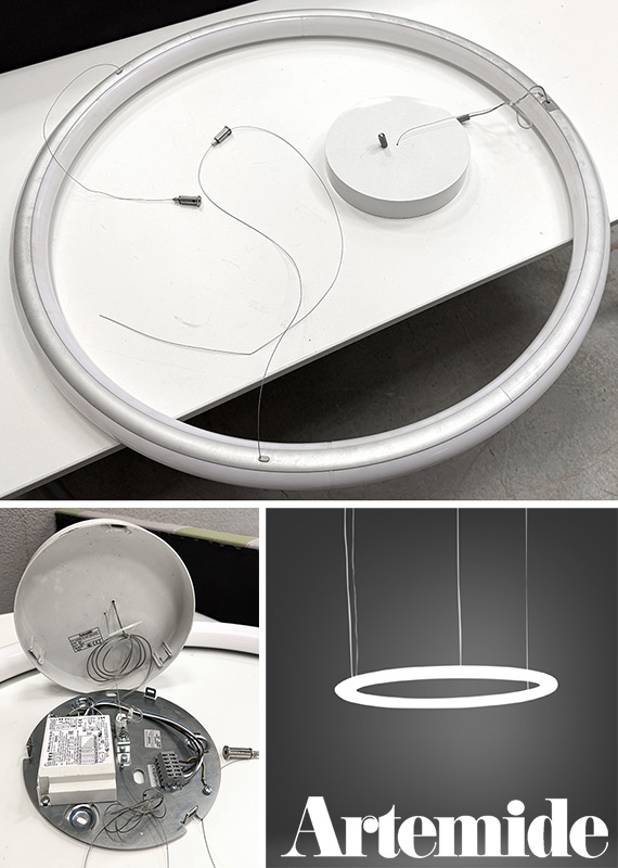 SUSPENSION LUMINEUSE LED CIRCULAIRE DESIGN BJARKE INGELS GROUP MODELE ALPHABET OF LIGHT CIRCULAR 90 SUSPENSION EDITIONS ARTEMIDE A DIFFUSEUR EN TECHNOPOLYMERE OPALE ET ALUMINIUM, TRANSFORMATEUR DANS SON BOITIER ROND EN POLYMERE BLANC (4,5 X 23,5 CM) ET 3 SUSPENTES EN FILIN D'ACIER. 5 X 90 CM.