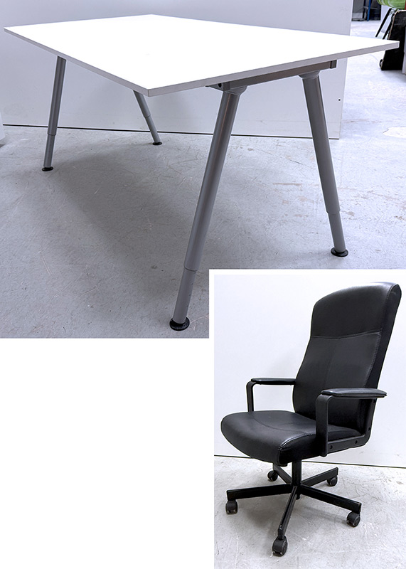 TABLE OU BUREAU DROIT PLATEAU RECTANGULAIRE EN BOIS STRATIFIE DE COULEUR BLANC REPOSANT SUR 4 PIEDS AJUSTABLES EN ACIER LAQUE DE COULEUR GRIS SUR PATINS. 73 X 160 X 80 CM. ON Y JOINT UN FAUTEUIL DE DIRECTION ASSISE, DOSSIER ET ACCOUDROIRS EN SIMILI CUIR REMBOURRE REPOSANT SUR 1 PIETEMENT ETOILE A 5 BRANCHES SUR ROULETTES EN ACIER LAQUE NOIR. USURE. 105 X 62 X 64 CM. LOCALISATION -> AVE - 2 BOULEVARD DU GENERAL DE GAULLE - 92500 RUEIL MALMAISON