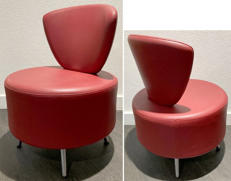 CHAUFFEUSE DE MARQUE AM-D MODELE BULLE DOSSIER ET ASSISE EN SIMILICUIR REMBOURRE DE COULEUR BORDEAU REPOSANT SUR 4 PIEDS EN INOX. 78 X 57 X 56 CM.