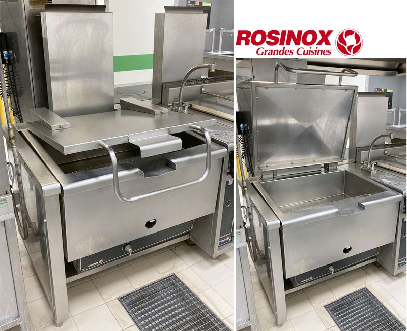 SAUTEUSE BASCULANTE A GAZ EN INOX DE MARQUE ROSINOX AVEC ROBINET MITIGEUR ET CHEMINEE REPOSANT SUR 4 PIEDS. BASCULE HS VENDUE EN L'ETAT. 158 X 122 X 105 CM.