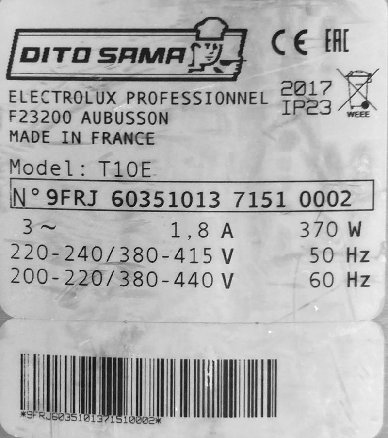 EPLUCHEUSE ELECTRIQUE TRIPHASEE EN INOX ALIMENTAIRE DE MARQUE DITO SAMA MODELE T10E 370W. VENDU AVEC SON DISQUE ABRASIF ET SA REHAUSSE A ENTRETOISE DE COLLECTE. 140 X 50 X 69 CM.
