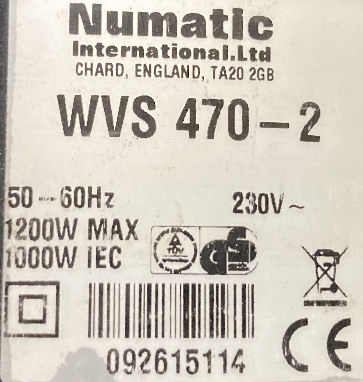 ASPIRATEUR INDUSTRIEL DE MARQUE NUMATIC WVS 470-2 230V. VENDU EN L'ETAT. 80 X 33 X 33 CM.