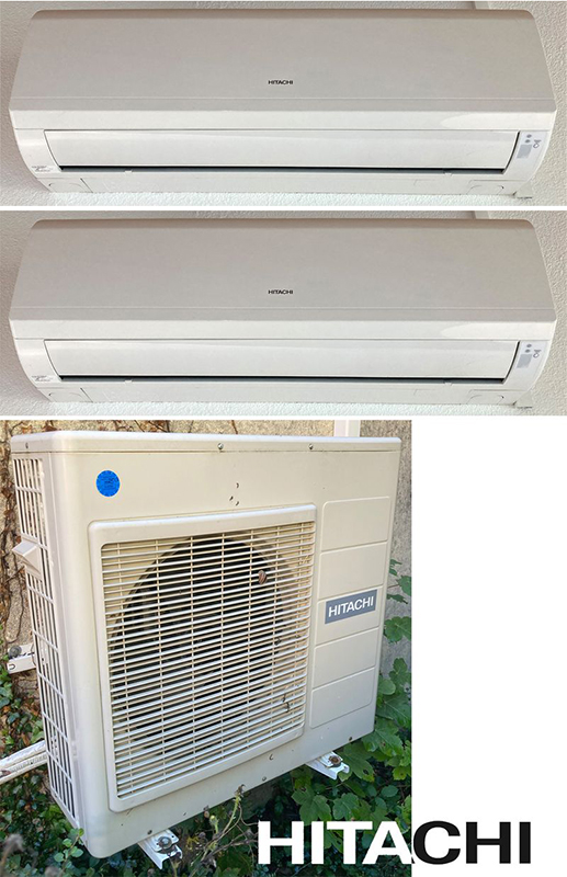 PAIRE DE CLIMATISEURS DE MARQUE HITACHI MODELE ROOM AIR CONDITIONER RAK-35RPC (30 X 90 X 24 CM) AVEC LEUR GROUPE FROID DEPORTE DE MARQUE HITACHI MODELE RAM-68NP3B 6,8KW (78 X 96 X 33 CM). ON Y JOINT SON SUPPORT MURAL EN ACIER LAQUE BLANC.