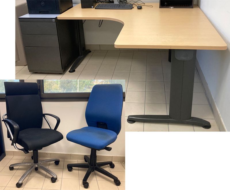 ENSEMBLE DE MOBILIER DE BUREAU COMPRENANT 1 BUREAU EN L, 1 CAISSON A 3 TIROIRS, 1 FAUTEUIL DE BUREAU ET 1 CHAISE DE BUREAU.