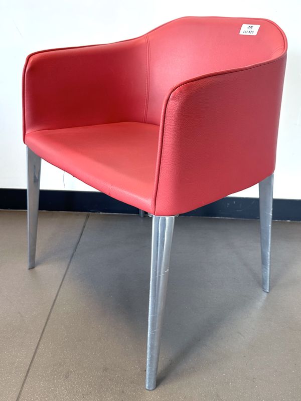 FAUTEUIL DESIGN ALESSANDRO BUSANA MODELE LAJA 2 EDITION PEDRALI, ASSISE ET DOSSIER EN SIMILI CUIR DE COULEUR ROUGE REPOSANT SUR UN PIETEMENT A 4 PIEDS EN ALUMINIUM POLI. 75 X 52 X 51 CM. 4 UNITES. VENDU A L'UNITE AVEC FACULTE DE REUNION. LOCALISATION : RDC1 - 2 RUE DE SABLONVILLE - 75017 PARIS.