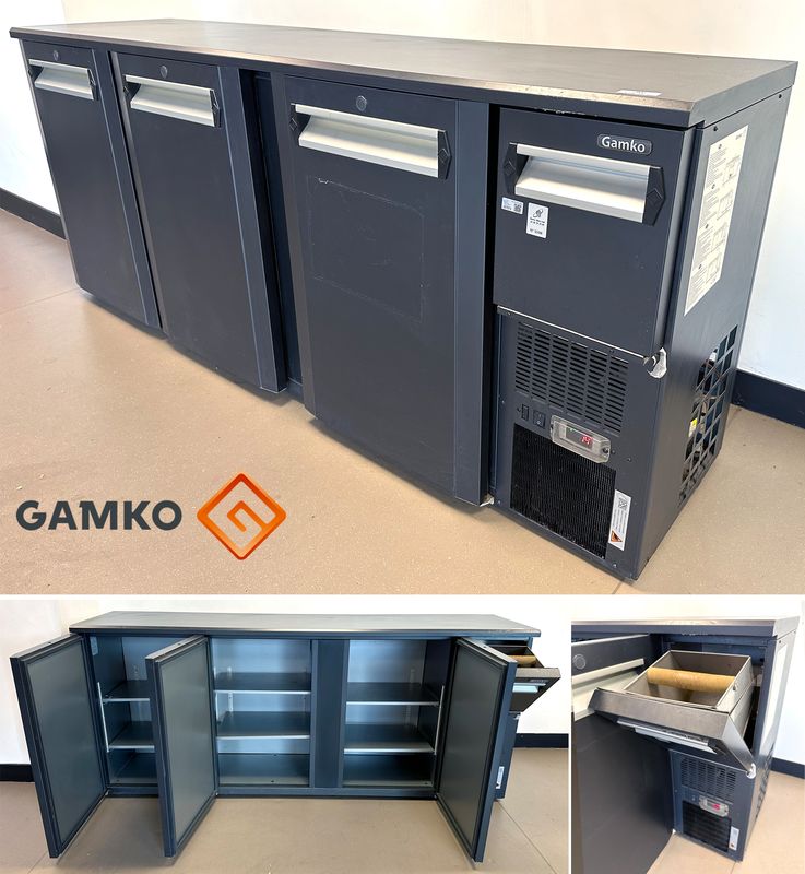 MEUBLE BAS REFRIGERE POSITIF OUVRANT PAR 3 PORTES SUR 6 ETAGERES AMOVIBLES ET 1 DEVIDOIR A MARE DE CAFE  EN INOX LAQUE GRIS ANTHRACITE DE MARQUE GAMKO. GROUPE FROID INTEGRE. 86 X 200 X 52 CM. LOCALISATION : CAFETERIA RDC1 - 2 RUE DE SABLONVILLE - 75017 PARIS.