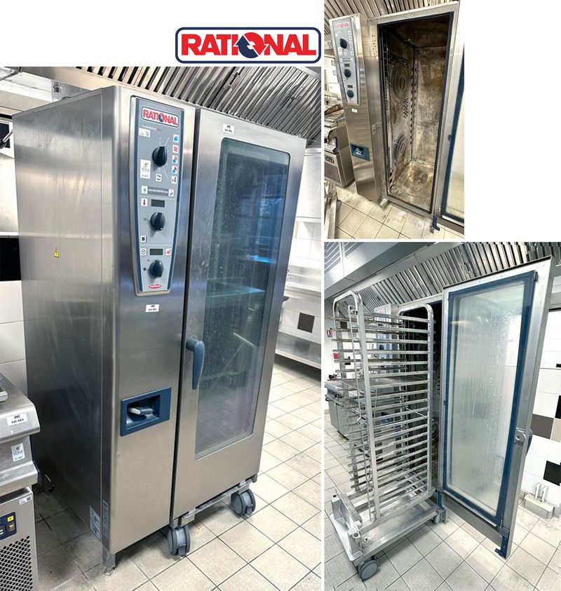 FOUR COMBINE A ECHELLE DE 20 NIVEAUX DE MARQUE RATIONAL MODELE COMBIMASTER PLUS EN INOX ALIMENTAIRE. VENDU AVEC UNE ECHELLE SUR ROULETTES DE 20 NIVEAUX ET UNE TIRETTE A GRILLES. 188 X 88 X 91 CM. LOCALISATION : RDC1 - 2 RUE DE SABLONVILLE - 75017 PARIS.