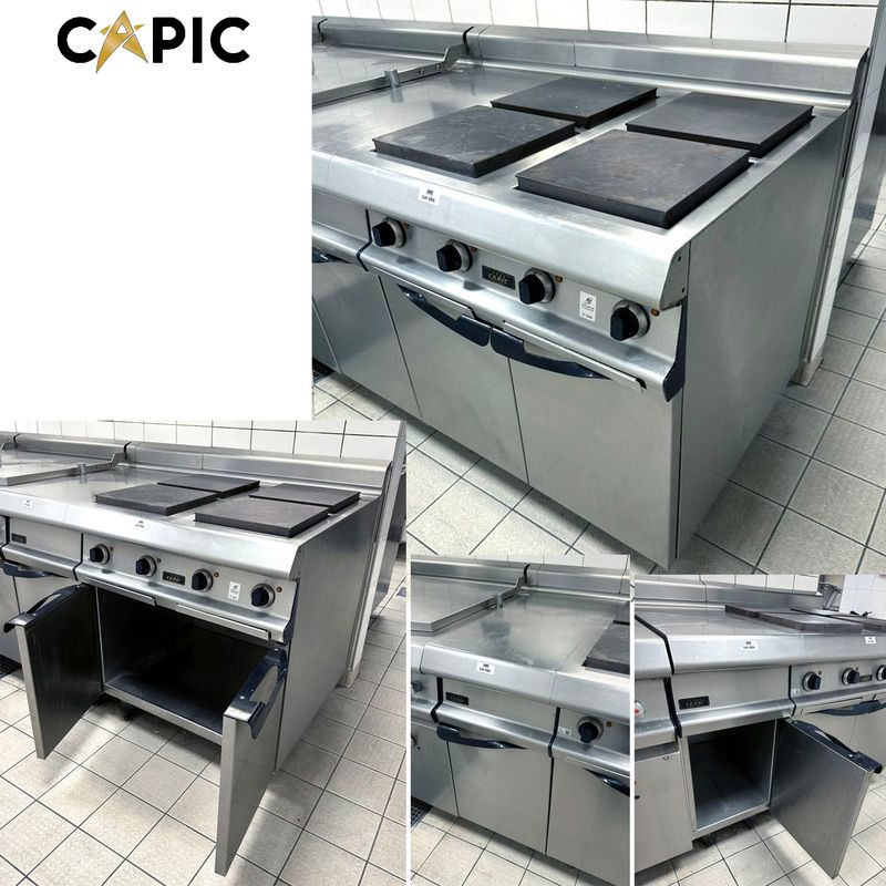 PIANO 4 FEUX ELECTRIQUE REPOSANT SUR UN ESPACE DE RANGEMENT OUVRANT PAR 2 PORTES DE MARQUE CAPIC EN INOX ALIMENTAIRE. VENDU AVEC UN MEUBLE DE SEPARATION REPOSANT SUR UN PLACARD OUVRANT PAR 1 PORTE DE MARQUE CAPIC EN INOX ALIMENTAIRE. PIANO 103 80 X 92 CM. MEUBLE : 103 X 40 X 92 CM. LOCALISATION : RDC1 - 2 RUE DE SABLONVILLE - 75017 PARIS.