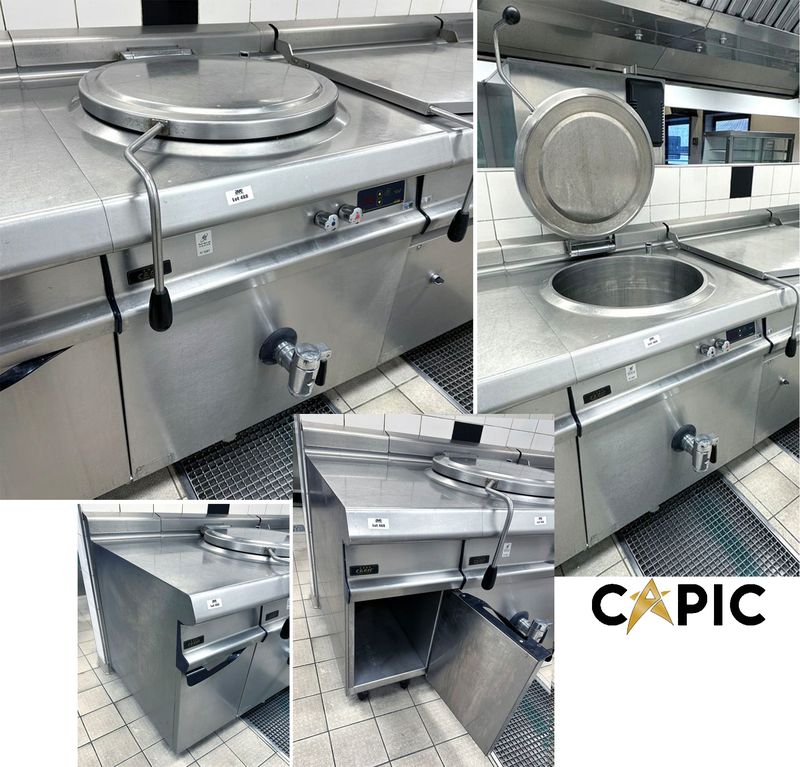 MARMITE ELECTRIQUE DE MARQUE CAPIC EN INOX ALIMENTAIRE. VENDU AVEC UN MEUBLE DE SEPARATION REPOSANT SUR UN PLACARD OUVRANT PAR 1 PORTE DE MARQUE CAPIC EN INOX ALIMENTAIRE. MARMITE : 103 X 80 X 102 CM. MEUBLE : 103 X 40 X 94 CM. LOCALISATION : RDC1 - 2 RUE DE SABLONVILLE - 75017 PARIS.