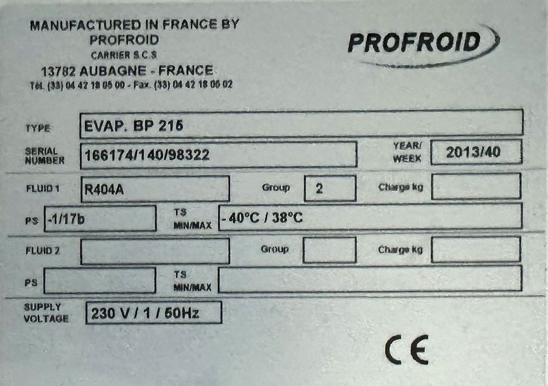 7 GROUPES EVAPORATEURS DIVERSES TAILLES ET DIVERSES CAPACITES COMPRENANT : 5 EVAPORATEURS POSITIFS ET 2 EVAPORATEURS NEGATIFS DE MARQUE FRIGA-BOHN MODELE MR190L OU PROFROID MODELE DFC 26 EV 6P DA R449A OU EVAP.BP 215 OU EVAP.BP 2256 OU EVAP.BN 2356 OU EVAP.BP 145 VINYL ; 7 GROUPES FROIDS DE MARQUE PROFROID MODELE QUIETIS WPH08C OU QUIETIS WPH13C OU QUIETIS WPH06C OU QUIETIS WPL08A ET 6 MOUCHARD DE MARQUE PROCOLD OU MASTERCELLA. LOCALISATION : RDC1 - 2 RUE DE SABLONVILLE - 75017 PARIS.