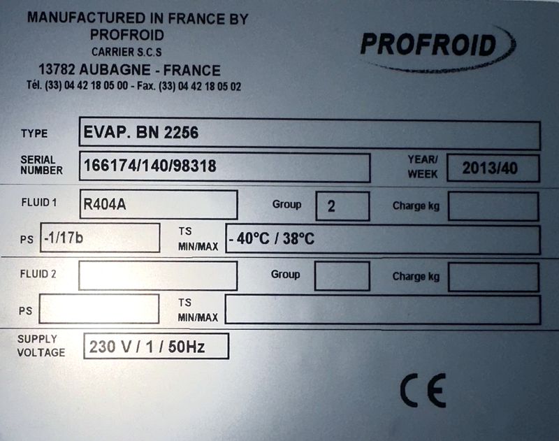 7 GROUPES EVAPORATEURS DIVERSES TAILLES ET DIVERSES CAPACITES COMPRENANT : 5 EVAPORATEURS POSITIFS ET 2 EVAPORATEURS NEGATIFS DE MARQUE FRIGA-BOHN MODELE MR190L OU PROFROID MODELE DFC 26 EV 6P DA R449A OU EVAP.BP 215 OU EVAP.BP 2256 OU EVAP.BN 2356 OU EVAP.BP 145 VINYL ; 7 GROUPES FROIDS DE MARQUE PROFROID MODELE QUIETIS WPH08C OU QUIETIS WPH13C OU QUIETIS WPH06C OU QUIETIS WPL08A ET 6 MOUCHARD DE MARQUE PROCOLD OU MASTERCELLA. LOCALISATION : RDC1 - 2 RUE DE SABLONVILLE - 75017 PARIS.