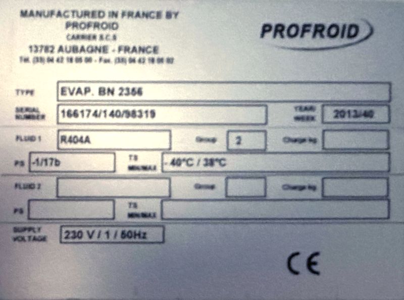 7 GROUPES EVAPORATEURS DIVERSES TAILLES ET DIVERSES CAPACITES COMPRENANT : 5 EVAPORATEURS POSITIFS ET 2 EVAPORATEURS NEGATIFS DE MARQUE FRIGA-BOHN MODELE MR190L OU PROFROID MODELE DFC 26 EV 6P DA R449A OU EVAP.BP 215 OU EVAP.BP 2256 OU EVAP.BN 2356 OU EVAP.BP 145 VINYL ; 7 GROUPES FROIDS DE MARQUE PROFROID MODELE QUIETIS WPH08C OU QUIETIS WPH13C OU QUIETIS WPH06C OU QUIETIS WPL08A ET 6 MOUCHARD DE MARQUE PROCOLD OU MASTERCELLA. LOCALISATION : RDC1 - 2 RUE DE SABLONVILLE - 75017 PARIS.