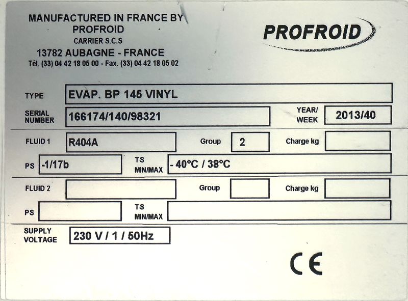 7 GROUPES EVAPORATEURS DIVERSES TAILLES ET DIVERSES CAPACITES COMPRENANT : 5 EVAPORATEURS POSITIFS ET 2 EVAPORATEURS NEGATIFS DE MARQUE FRIGA-BOHN MODELE MR190L OU PROFROID MODELE DFC 26 EV 6P DA R449A OU EVAP.BP 215 OU EVAP.BP 2256 OU EVAP.BN 2356 OU EVAP.BP 145 VINYL ; 7 GROUPES FROIDS DE MARQUE PROFROID MODELE QUIETIS WPH08C OU QUIETIS WPH13C OU QUIETIS WPH06C OU QUIETIS WPL08A ET 6 MOUCHARD DE MARQUE PROCOLD OU MASTERCELLA. LOCALISATION : RDC1 - 2 RUE DE SABLONVILLE - 75017 PARIS.