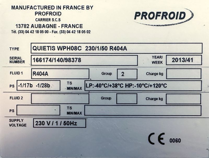 7 GROUPES EVAPORATEURS DIVERSES TAILLES ET DIVERSES CAPACITES COMPRENANT : 5 EVAPORATEURS POSITIFS ET 2 EVAPORATEURS NEGATIFS DE MARQUE FRIGA-BOHN MODELE MR190L OU PROFROID MODELE DFC 26 EV 6P DA R449A OU EVAP.BP 215 OU EVAP.BP 2256 OU EVAP.BN 2356 OU EVAP.BP 145 VINYL ; 7 GROUPES FROIDS DE MARQUE PROFROID MODELE QUIETIS WPH08C OU QUIETIS WPH13C OU QUIETIS WPH06C OU QUIETIS WPL08A ET 6 MOUCHARD DE MARQUE PROCOLD OU MASTERCELLA. LOCALISATION : RDC1 - 2 RUE DE SABLONVILLE - 75017 PARIS.