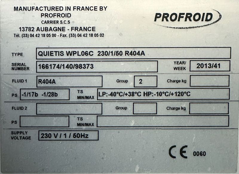 7 GROUPES EVAPORATEURS DIVERSES TAILLES ET DIVERSES CAPACITES COMPRENANT : 5 EVAPORATEURS POSITIFS ET 2 EVAPORATEURS NEGATIFS DE MARQUE FRIGA-BOHN MODELE MR190L OU PROFROID MODELE DFC 26 EV 6P DA R449A OU EVAP.BP 215 OU EVAP.BP 2256 OU EVAP.BN 2356 OU EVAP.BP 145 VINYL ; 7 GROUPES FROIDS DE MARQUE PROFROID MODELE QUIETIS WPH08C OU QUIETIS WPH13C OU QUIETIS WPH06C OU QUIETIS WPL08A ET 6 MOUCHARD DE MARQUE PROCOLD OU MASTERCELLA. LOCALISATION : RDC1 - 2 RUE DE SABLONVILLE - 75017 PARIS.