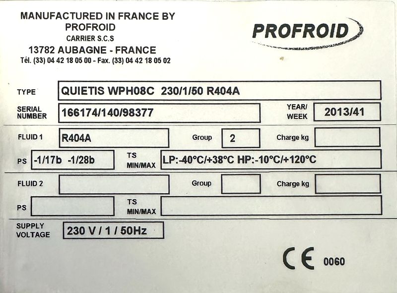 7 GROUPES EVAPORATEURS DIVERSES TAILLES ET DIVERSES CAPACITES COMPRENANT : 5 EVAPORATEURS POSITIFS ET 2 EVAPORATEURS NEGATIFS DE MARQUE FRIGA-BOHN MODELE MR190L OU PROFROID MODELE DFC 26 EV 6P DA R449A OU EVAP.BP 215 OU EVAP.BP 2256 OU EVAP.BN 2356 OU EVAP.BP 145 VINYL ; 7 GROUPES FROIDS DE MARQUE PROFROID MODELE QUIETIS WPH08C OU QUIETIS WPH13C OU QUIETIS WPH06C OU QUIETIS WPL08A ET 6 MOUCHARD DE MARQUE PROCOLD OU MASTERCELLA. LOCALISATION : RDC1 - 2 RUE DE SABLONVILLE - 75017 PARIS.