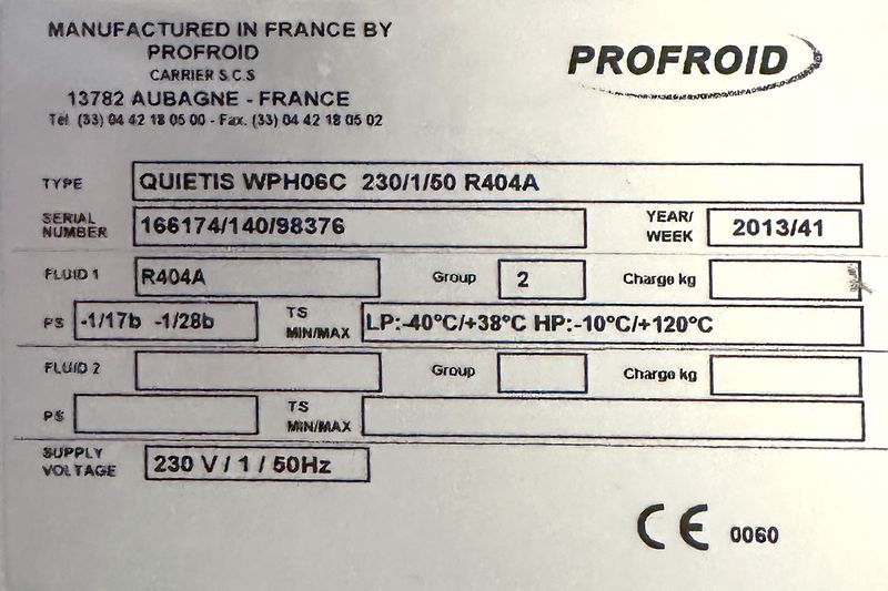 7 GROUPES EVAPORATEURS DIVERSES TAILLES ET DIVERSES CAPACITES COMPRENANT : 5 EVAPORATEURS POSITIFS ET 2 EVAPORATEURS NEGATIFS DE MARQUE FRIGA-BOHN MODELE MR190L OU PROFROID MODELE DFC 26 EV 6P DA R449A OU EVAP.BP 215 OU EVAP.BP 2256 OU EVAP.BN 2356 OU EVAP.BP 145 VINYL ; 7 GROUPES FROIDS DE MARQUE PROFROID MODELE QUIETIS WPH08C OU QUIETIS WPH13C OU QUIETIS WPH06C OU QUIETIS WPL08A ET 6 MOUCHARD DE MARQUE PROCOLD OU MASTERCELLA. LOCALISATION : RDC1 - 2 RUE DE SABLONVILLE - 75017 PARIS.