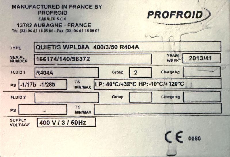 7 GROUPES EVAPORATEURS DIVERSES TAILLES ET DIVERSES CAPACITES COMPRENANT : 5 EVAPORATEURS POSITIFS ET 2 EVAPORATEURS NEGATIFS DE MARQUE FRIGA-BOHN MODELE MR190L OU PROFROID MODELE DFC 26 EV 6P DA R449A OU EVAP.BP 215 OU EVAP.BP 2256 OU EVAP.BN 2356 OU EVAP.BP 145 VINYL ; 7 GROUPES FROIDS DE MARQUE PROFROID MODELE QUIETIS WPH08C OU QUIETIS WPH13C OU QUIETIS WPH06C OU QUIETIS WPL08A ET 6 MOUCHARD DE MARQUE PROCOLD OU MASTERCELLA. LOCALISATION : RDC1 - 2 RUE DE SABLONVILLE - 75017 PARIS.