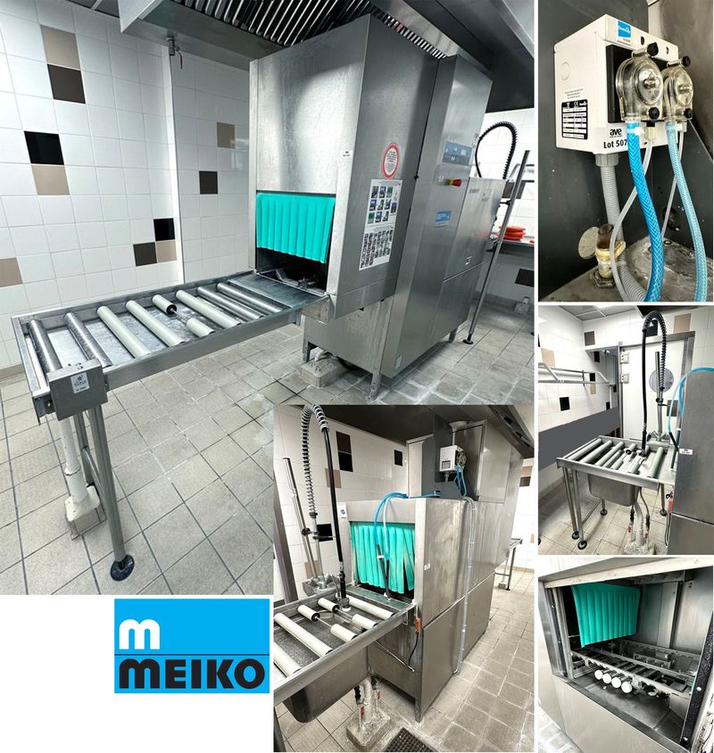 TUNNEL DE LAVAGE DE MARQUE MEIKO MODELE K160PI EN INOX ALIMENTAIRE, ON Y JOINT UN TAPIS DE CONVOYAGE A 8 ROULEAUX (98 X 118 CM), UNE STATION DE RINCAGE COMPRENANT UNE DOUCHETTE, EVIER AVEC TAMIS ET UN TAPIS DE CONVOYAGE A 5 ROULEAUX (200 X 84 X 76 CM), UNE TABLE DE TRI A 2 STATIONS ET 5 BLOQUES SACS DE COULEUR ORANGE (92 X 115 X 35 CM). 210 X 205 X 76 CM. LOCALISATION : RDC1 - 2 RUE DE SABLONVILLE - 75017 PARIS.