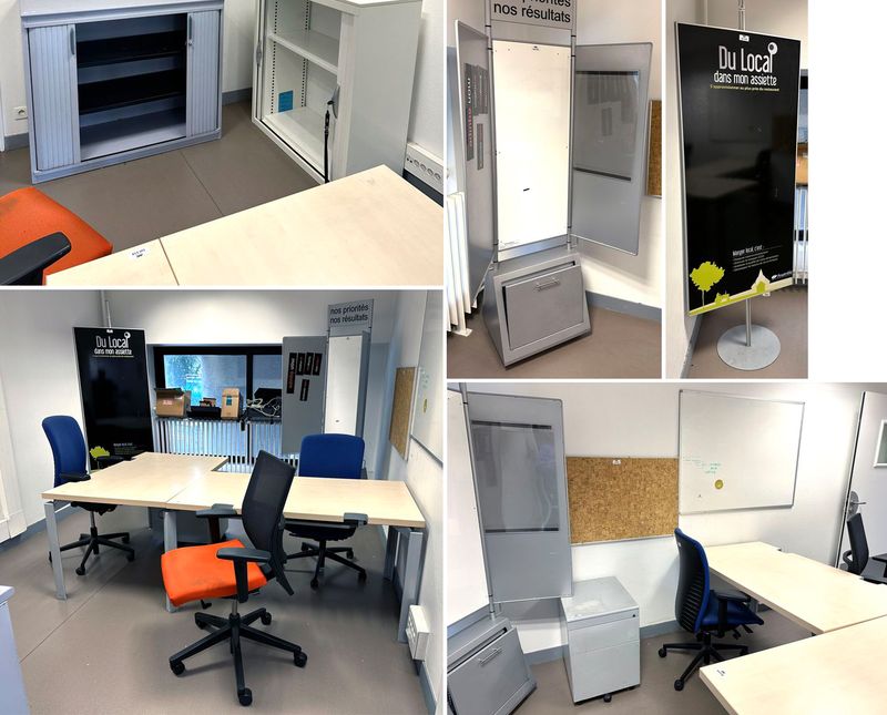 ENSEMBLE DE MOBILIER DE BUREAU COMPRENANT 3 FAUTEUILS DE BUREAU, 1 BUREAU EN "L", 2 ARMOIRES METALLIQUES A RIDEAUX, 2 PANNEAUX D'AFFICHAGE EN LIEGE, 1 CAISSON A ROULETTES EN METAL, 1 TABLEAU BLANC, UN TOTEM D'AFFICHAGE SUR ROULETTES EN ACIER ET 1 PANNEAU D'AFFICHAGE. LOCALISATION : RDC ES - 2 RUE DE SABLONVILLE - 75017 PARIS.