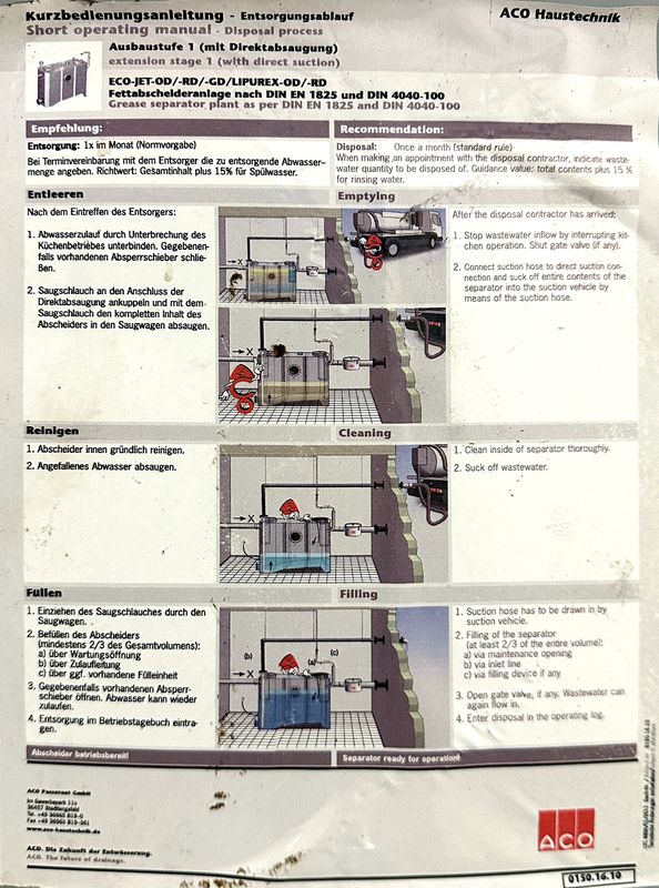 CUVE DE SEPARATION DES GRAISSES HORS SOL EN POLYETHYLENE DE 830 LITRES DONT : 400 LITRES DE BOUES ET 200 LITRES DE GRAISSE. 2 OUVERTURES DE MARQUE ACO MODELE ECO-JET OD NS4. POIDS A VIDE 95 KG. VENDU VIDE. PREVOIR NETTOYAGE DE L'INTERIEUR. 160 X 183 X 70 CM. LOCALISATION : RDC - 2 RUE DE SABLONVILLE - 75017 PARIS.