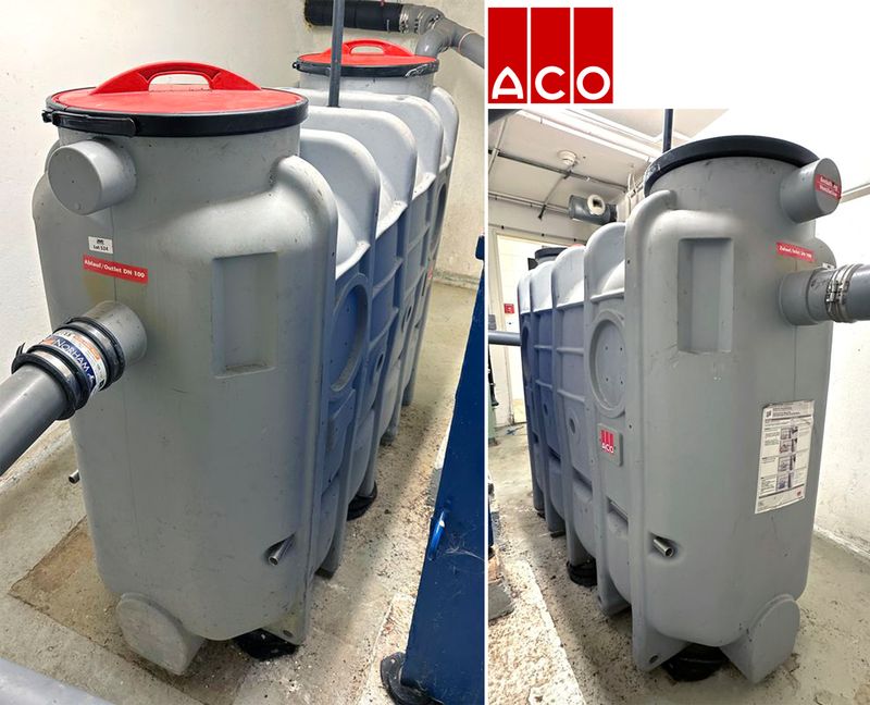 CUVE DE SEPARATION DES GRAISSES HORS SOL EN POLYETHYLENE DE 830 LITRES DONT : 400 LITRES DE BOUES ET 200 LITRES DE GRAISSE. 2 OUVERTURES DE MARQUE ACO MODELE ECO-JET OD NS4. POIDS A VIDE 95 KG. VENDU VIDE. PREVOIR NETTOYAGE DE L'INTERIEUR. 160 X 183 X 70 CM. LOCALISATION : RDC - 2 RUE DE SABLONVILLE - 75017 PARIS.