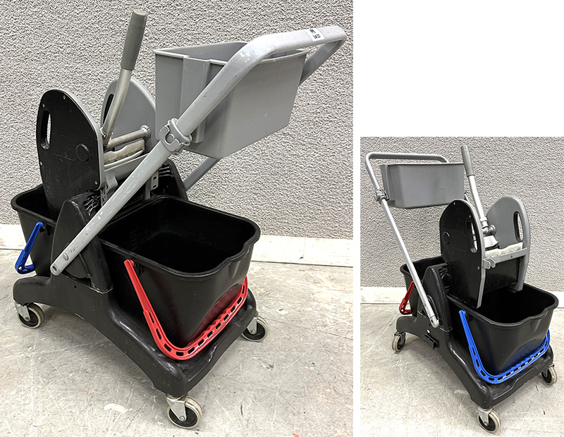 CHARIOT DE NETTOYAGE OU LAVAGE VENDU AVEC 2 SEAUX DE 15 LITRES, ESSOREUSE A SERPILLERES ET BAC A PRODUITS. 80 X 70 X 42 CM.