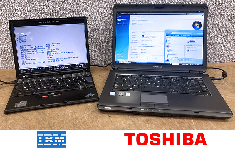 2 ORDINATEURS PORTABLES DONT 1 15 POUCES DE MARQUE TOSHIBA MODELE SATELLITE L300 - 1GC SYSTEM UNIT PSLB8E-0CL029FR PROCESSEUR INTEL CELERON 2.16 GHZ 3 GO DE RAM DISQUE DUR 100 GO AVEC LICENCE WINDOWS ET SON ALIMENTATIONET 1 12 POUCES DE MARQUE IBM MODELE X40 PROCESSEUR INTEL PENTIUM 1.20 GHZ 512 MB DE RAM AVEC LICENCE WINDOWS ET ALIMENTATION.