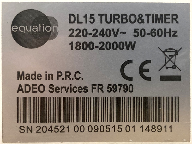 CONVECTEUR 2000W DE MARQUE EQUATION MODELE DL15 TURBO&TIMER. 41 X 57 X 20 CM.