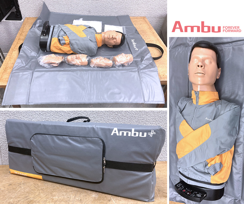 MANNEQUIN D'ENTRAINEMENT AU SECOURISME DE MARQUE AMBU MODELE MAN B TORSE COMPRENANT 1 MANNEQUIN DE TORSE HUMAIN ARTICULE 80CM EN POLYETHYLENE, ABS, PVC DUR ET PVC MOU ET TABLEAU DE BORD, AVEC 5 PEAUX DE VISAGE, DES SACS D'INSUFLATION, SA NOTICE ET SON SAC DE TRANSPORT.