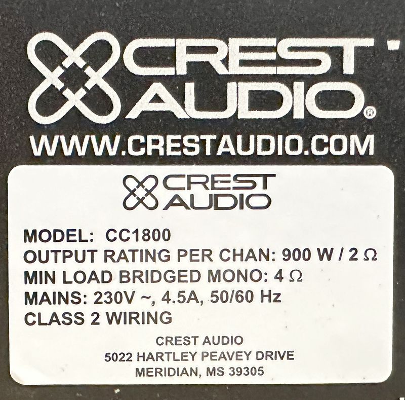 POWER AMPLIFIER OU AMPLIFICATEUR DE PUISSANCE DE 2 X 1800 WATT A 4 HOMS OU 2 X 450 WATTS A 8 HOMS DE MARQUE CREST AUDIO MODELE CC1800. VENDU AVEC CABLE D'ALIMENTATION. POIDS : 14.8 KG. 9 X 44 X 41 CM. 2 UNITES. VENDU A L'UNITE AVEC FACULTE DE REUNION.