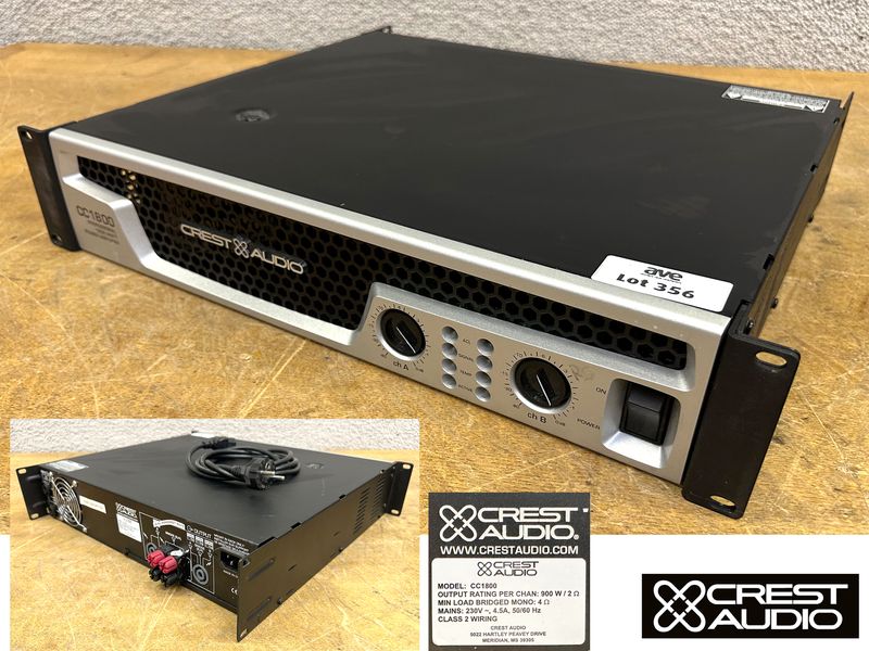 POWER AMPLIFIER OU AMPLIFICATEUR DE PUISSANCE DE 2 X 1800 WATT A 4 HOMS OU 2 X 450 WATTS A 8 HOMS DE MARQUE CREST AUDIO MODELE CC1800. VENDU AVEC CABLE D'ALIMENTATION. POIDS : 14.8 KG. 9 X 44 X 41 CM. 2 UNITES. VENDU A L'UNITE AVEC FACULTE DE REUNION.