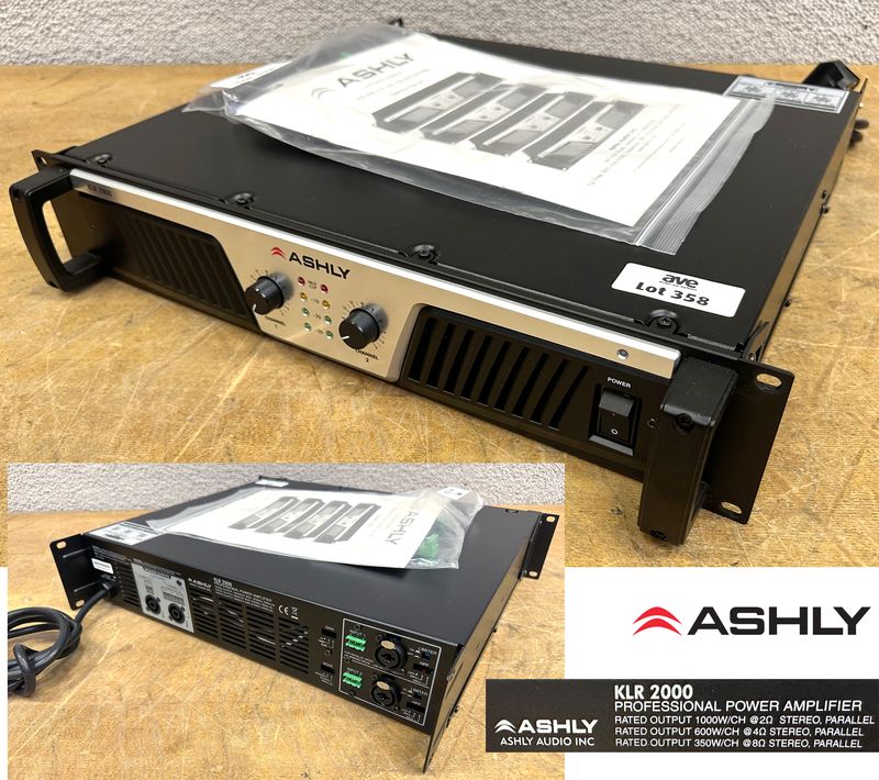 POWER AMPLIFIER OU AMPLIFICATEUR DE PUISSANCE RACKABLE VOIES DE MARQUE ASHLY MODELE KLR2000. 2 X 350 WATTS A 8 HOMS OU 2 X 1000 WATTS A 2 HOMS. POIDS : 12 KG. 9 X 40 X 48 CM. VENDU AVEC NOTICE ET CABLE D'ALIMENTATION ET EMBALLAGE D'ORIGINE.