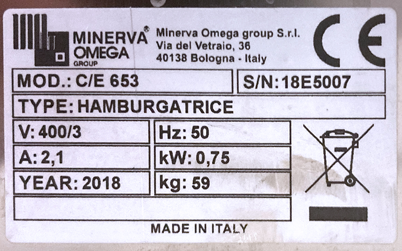 HACHOIR / MACHINE A BURGER A POSER EN INOX DE MARQUE BIRO MINERVA OMEGA MODELE C/E 653 HAMBURGATRICE 400V 750W ANNEE 2018. 64 X 53 X 61 CM.