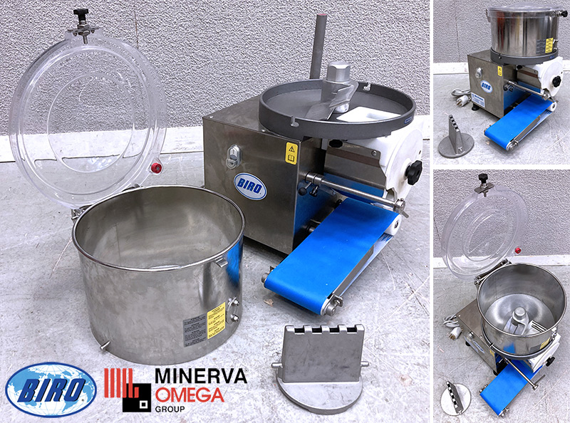 RECONSTITUEUR AUTOMATIQUE OU HACHOIR ELECTRIQUE 750 WATTS POSER EN INOX DE MARQUE BIRO MINERVA OMEGA MODELE C/E 653 HAMBURGATRICE. 400 VOLTS. ANNEE 2018. 64 X 53 X 61 CM.