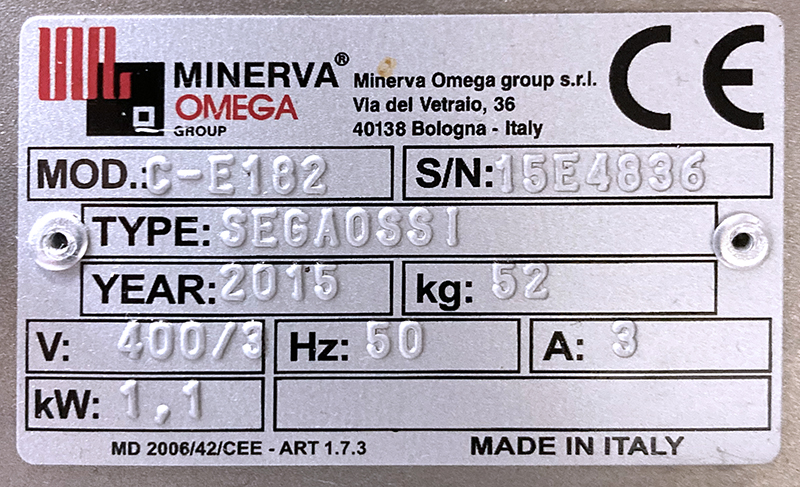 SCIE A OS EN INOX A POSER DE MARQUE BIRO MINERVA OMEGA MODELE C-E182 SEGAOSSI 400V 1,1KW. MANQUE LAME. 106 X 48,5 X 50 CM.