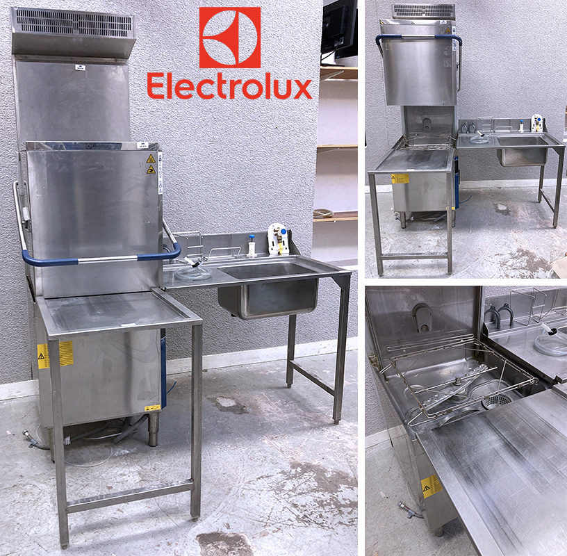 LAVE-VAISSELLE PROFESSIONNEL A CAPOT DE MARQUE ELECTROLUX MODELE AHT8IELG EN INOX ALIMENTAIRE VENDU AVEC 1 TABLE PASSE PANIER (92 X 63 X 61 CM), 1 MEUBLE EVIER (107 X 107 X 73 CM) ET DIVERS PIECES ET ACCESSOIRES. VENDU SANS CABLE D'ALIMENTATION ET SANS MITIGEUR POUR L'EVIER. 400 VOLTS. ANNEE 2019. DIMENSION DU LAVE-VAISSELLE : 230 X 67 X 80 CM.