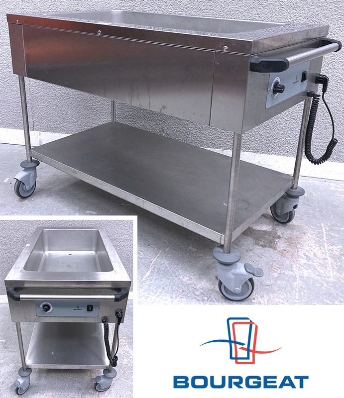 BAIN MARIE MOBILE ELECTRIQUE DE 2100 WATTS A CUVE SIMPLE EN INOX ALIMENTAIRE ET ENTRETOISE SUR 4 ROULETTES DE MARQUE BOURGEAT MODELE 872003. 230 VOLTS. 90 X 125 X 65 CM. 2 UNITES. VENDU A L'UNITE AVEC FACULTE DE REUNION.