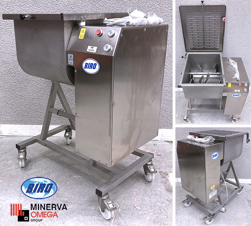 MELANGEUR A VIANDE BIPALE ELECTRIQUE DE 1850 WATTS A 4.3 AMPERES D'UNE CAPACITE DE 50 LITRES EN INOX ALIMENTAIRE DE MARQUE BIRO MINERVA OMEGA MODELE C/E MB50. ANNEE 2018. 400 VOLTS. 104 X 68 X 79 CM.