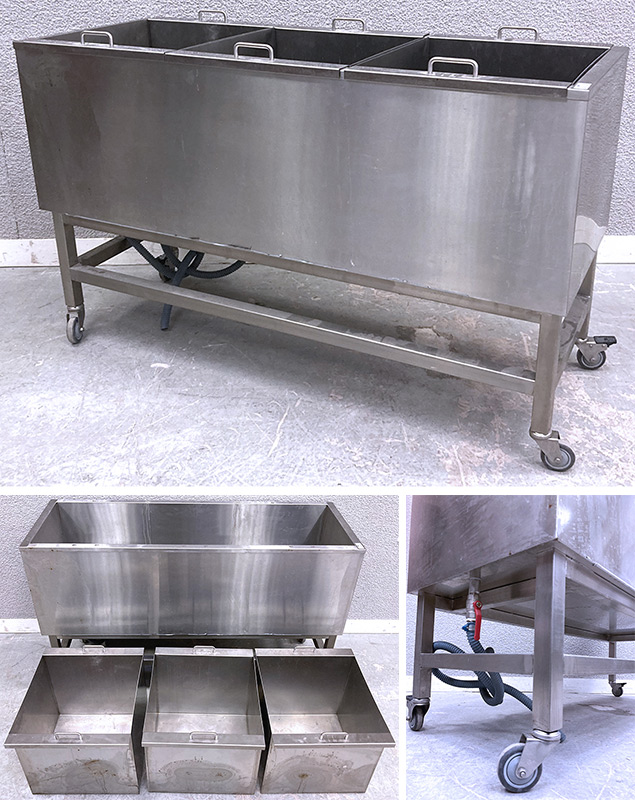 CHARIOT A BAC OU CUVE A DOUBLE PAROIES ISOTHERME SUR 4 ROULETTES EN INOX ALIMENTAIRE A 3 BACS AMOVIBLES ET VANNE D'EVACUATION. 90 X 150 X 57 CM.