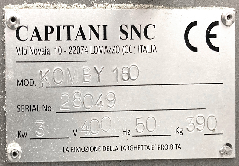 MACHINE A PATES ET RAVIOLI AUTOMATIQUE DE MARQUE CAPITANI MODELE KOMBY 160 400V 3KW REPOSANT SUR 4 ROULETTES DIRECTIONNELLES. MIXEUR CAPACITE 22KG, LAIZE DES FEUILLES DE PATE 160CM, PRODUCTION HORAIRE DE PATES : 30 A 40 KG, PRODUCTION HORAIRE DE RAVIOLI : 60 A 80 KG.  170 X 137 X 97 CM.