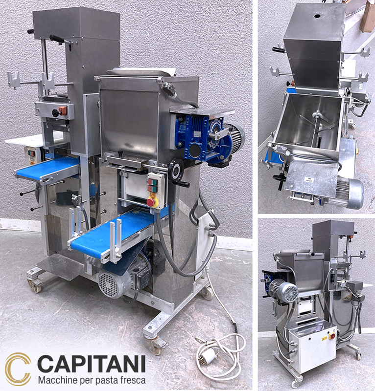 MACHINE A PATES ET RAVIOLI (TOUTES FORMES ET FOURRES) AUTOMATIQUE ELECTRIQUE DE 3000 WATTS SUR 4 ROULETTES DE MARQUE CAPITANI MODELE KOMBI 160. TREMIE D'UNE CAPACITE DE 22 KG. LAIZE DES FEUILLES DE PATE DE 16 CM. PRODUCTION HORAIRE DE PATES : 30 A 50 KG. PRODUCTION HORAIRE DE RAVIOLI : 60 A 80 KG. ANNEE  400 VOLTS. 170 X 137 X 97 CM.