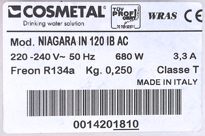 REFROIDISSEUR D'EAU EN INOX ALIMENTAIRE POUR FONTAINE A EAU DE MARQUE COSMETAL MODELE NIAGARA IN 120 IB AC 230V 680W 3,3A. 51 X 35 X 49 CM. MANQUE 2 PATINS. 4 UNITES. VENDU A L'UNITE AVEC FACULTE DE REUNION.