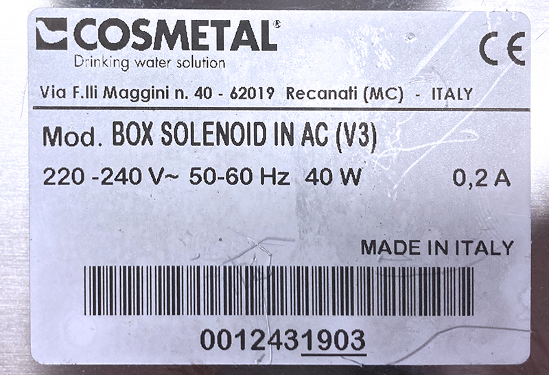 VALVE POUR FONTAINE A EAU REFRIGEREE DE MARQUE COSMETAL MODELE BOX SOLENOID IN AC (V3) ET SON BEC VERSEUR. 2 UNITES. VENDU A L'uNITE AVEC FACULTE DE REUNION.