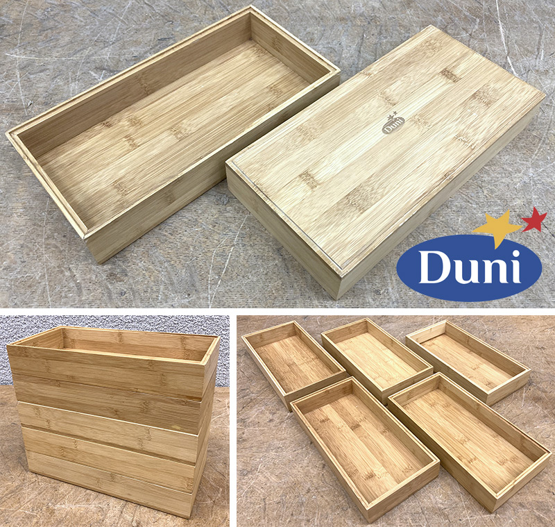 5 PLATEAUX OU PANIERS OU BACS OU CORBEILLES EMPILABLE EN BAMBOU DE MARQUE DUNI MODELE ECOECHO. 30 X 15 X 5 CM. 39 UNITES. VENDU A L'UNITE AVEC FACULTE DE REUNION.