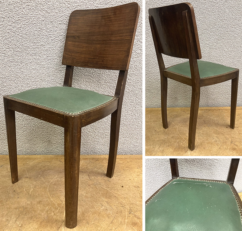 PAIRE DE CHAISES ANNEE 1950 DOSSIER EN PLAQUAGE DE NOYER VERNIS, ASSISE EN SIMILI CUIR DE COULEUR VERT CELADON CLOUTE. TACHES SUR UNE ASSISE. 83 X 43 X 40 CM. 3 UNITES. VENDU A L'UNITE AVEC FACULTE DE REUNION. LOT EXONERE DE TVA.