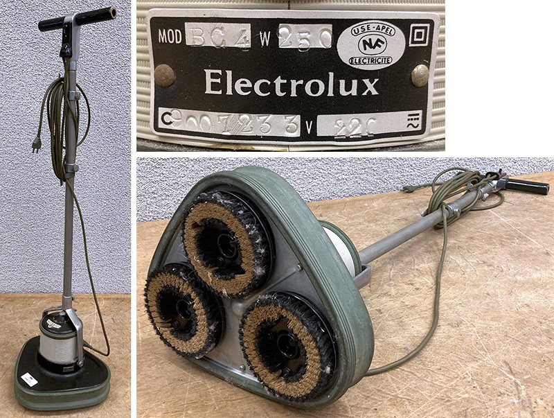 POLISSEUSE OU CIREUSE ELECTRIQUE 250 WATTS A 3 BOSSES DE MARQUE ELECTROLUX MODELE BC4. 230 VOLTS. 112 X 34 X 28 CM. LOT EXONERE DE TVA.