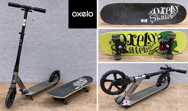 TROTTINETTE D'ENFANT PLIANTE DE MARQUE OXELO MODELE MID 9 ET 1 PLANCHE A ROULETTE OU SKATE DE MARQUE OXELO MODELE PLAY3 FROG. LOT EXONERE DE TVA.