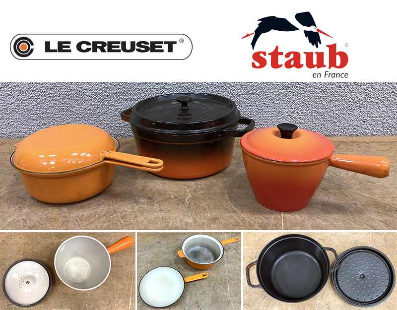 3 USTENSILES DE CUISINE EN FONTE EMAILLEE DE COULEUR ORANGE ET FLAME ET ORANGE DONT : 1 FAIT-TOUT ET COUVERCLE A MIJOTE DE MARQUE STAUB. 26 CM. 2 CASSEROLES ET COUVERCLES DE MARQUE LE CREUSET. 22 CM ET 17 CM (ECLAT SUR LE COUVERCLE). LOT EXONERE DE TVA.